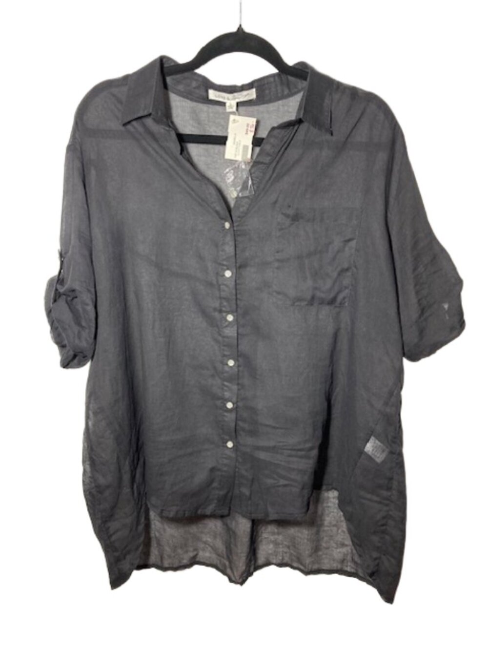 New w/tags LOVE & love semi-sheer black cotton top Large 3/4 sleeve/high-low hem